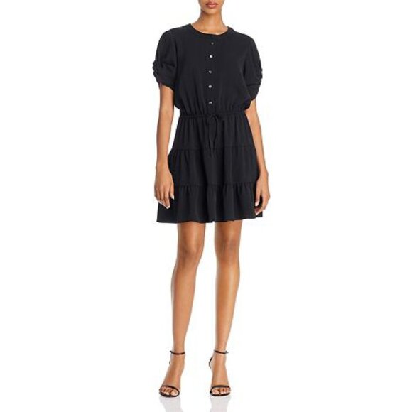 REBECCA MINKOFF  Black Aston Button Front Ruched Mini Dress - Picture 1 of 9